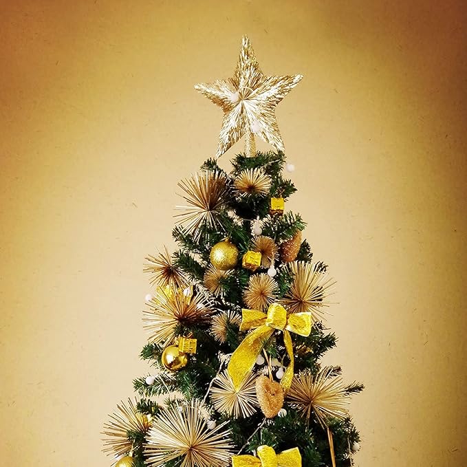 Luxury Mini Christmas Tree Star Handmade Gold Topper Xmas Tree Decoration Unique Christmas Toppers Decorations Ornaments for Christmas Party Indoor Outdoor (Champagne, 6 inches)