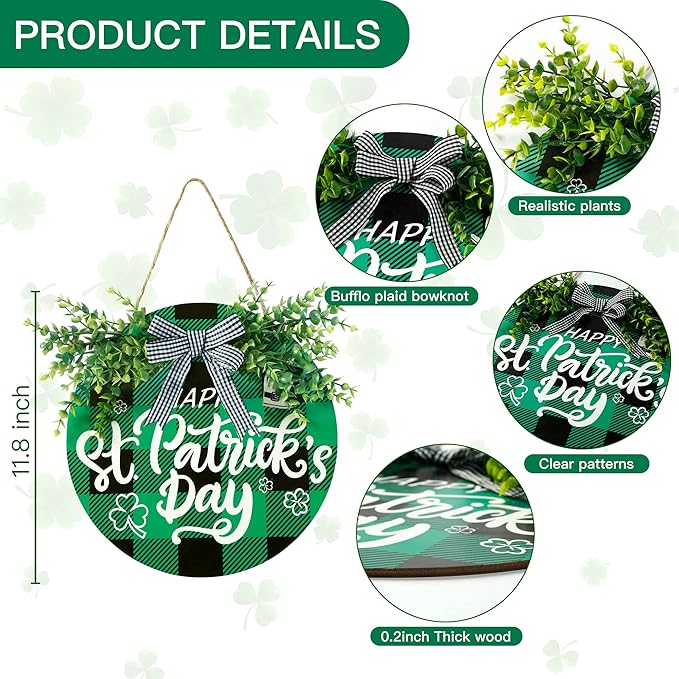 Sggvecsy St Patricks Day Decorations Buffalo Plaid Wooden Hanging Door Sign Happy St Patrick’s Day Farmhouse Rustic Door Decoration with Bowknot Greenery for Front Door Home Indoor Outdoor