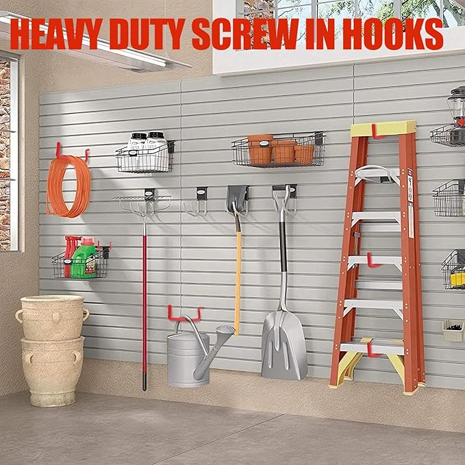 Garage Hooks Heavy Duty, 12-Pack Mixed Utility Garage Hooks, Wall Mounted Steel Tool Hangers for Garage Wall Organizer, Hold Ladders Tools Bikes (Red, 6 Type & 12 Pack)