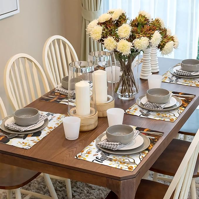 Thanksgiving Turkey Placemats, Cartoon Turkey Autumn Branch Yellow Leaves Fall Harvest Kitchen Dining Table Decoration for Indoor Outdoor Farmhouse Home Party Decor, 4PCS