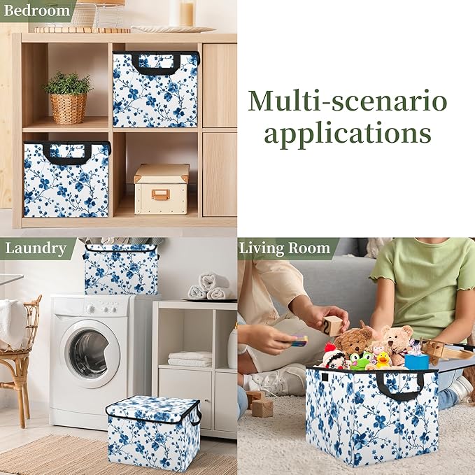 Closet Storage Bins with Lids, Blue Plum Flowers Storage Baskets for Organizing, Large Cube Box Closet Organizers with Handles, Home Office Decorative Wardrobe Boxes for Organization (27 Quart)