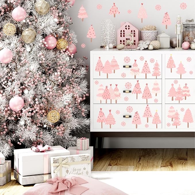 Pink Christmas Tree Wall Decals Merry Christmas Wall Stickers Peel and Stick Xmas Snowflake Sticker for Crafts Decoration Home Indoor Pink Pine Tree Decal for Kids Bedroom Winter Holiday Party Decor