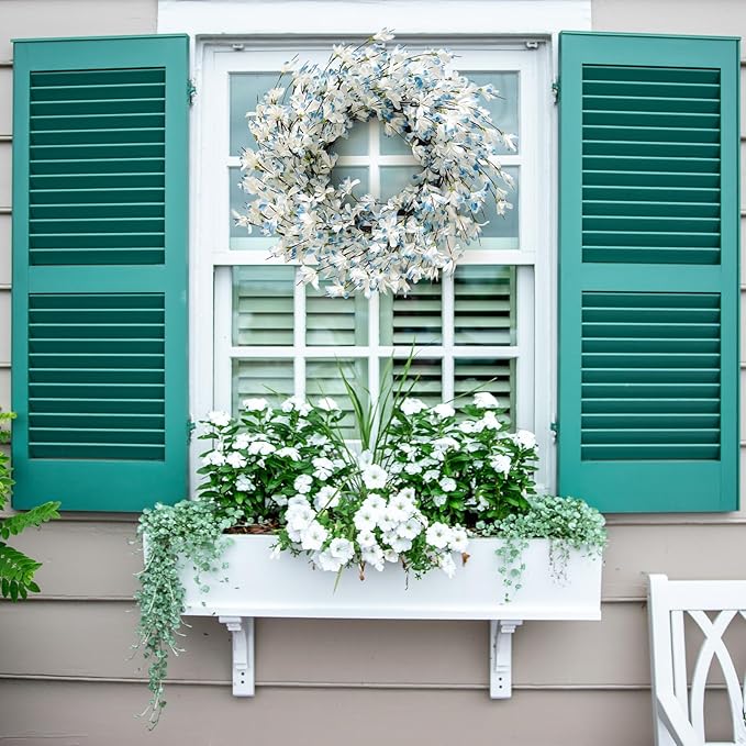 Blue Forsythia Spring Wreath for Front Door, 24 Inch Spring Wreath Blue Cream Cluster on Farmhouse Grapevine Blossom Cluster for Festival Celebration Front Door Wall Window Christmas Home Décor