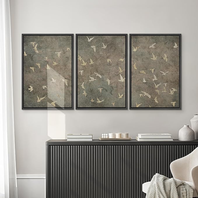 SIGNWIN Framed Canvas Print Wall Art Set Abstract Golden Birds in Flight Illustrations Modern Art Decorative Rustic Calm/Zen for Living Room, Bedroom, Office - 24"x36"x3 Black