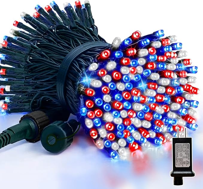 LAMPHOME 33ft Patriotic String Lights - Red White Blue Mini Lights, 100 LED Green Wire Fairy Starry String Lights Plug in, 11 Modes for Independence Day Celebration Party Memorial Day Decor