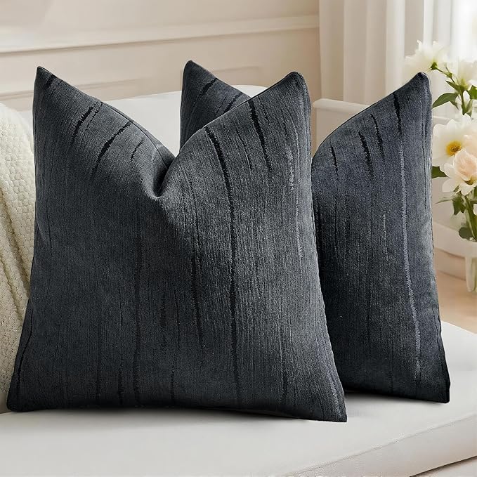 HAUSSY Black Throw Pillow Covers 26x26 Inch Set of 2, Boho Embossed Striped Textured Decorative Pillowcases Soft Chenille Cushion Cases, Modern Home Decor for Couch Bed Living Room