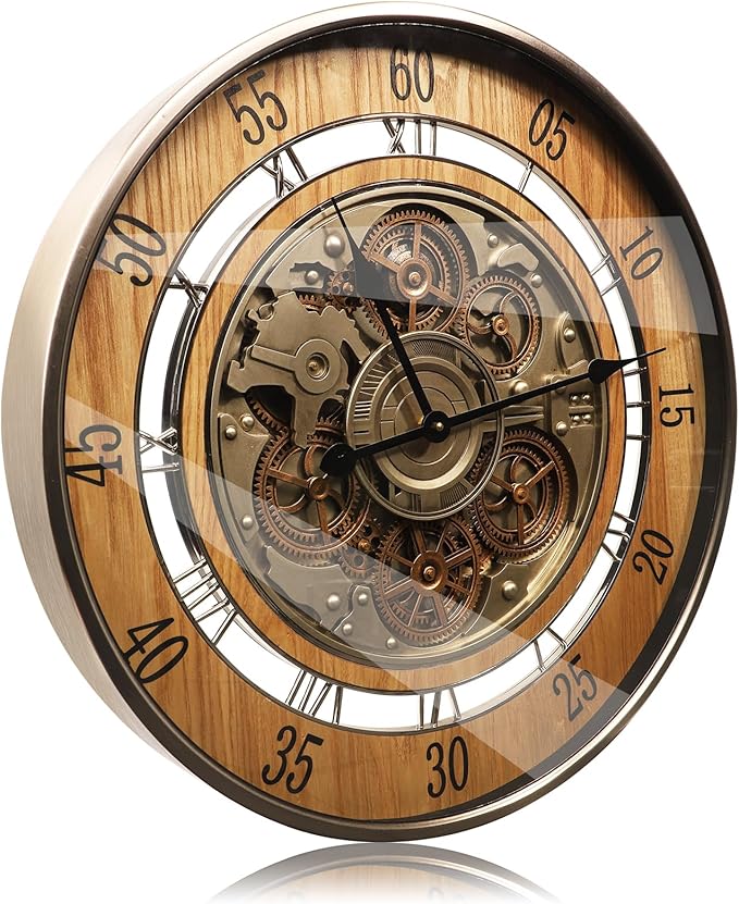 HOIBAI Wall Clock, 24 Inch Moving Gears Clock Large Wall Clock for Living Room Decor Rustic Vintage Industrial Steampunk Farmhouse Big Clock for Home Kitchen Bedroom Office