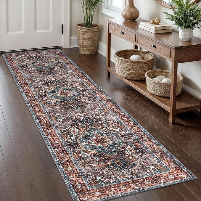 KOZYFLY Runners for Hallways 2x8 Ft Washable Kitchen Runner Rug Boho Runner Rug for Entryway Indoor Printed Oriental Faux Wool Floor Carpet Runner for Bedroom Kitchen Hall, Brick Red/Orange/Green