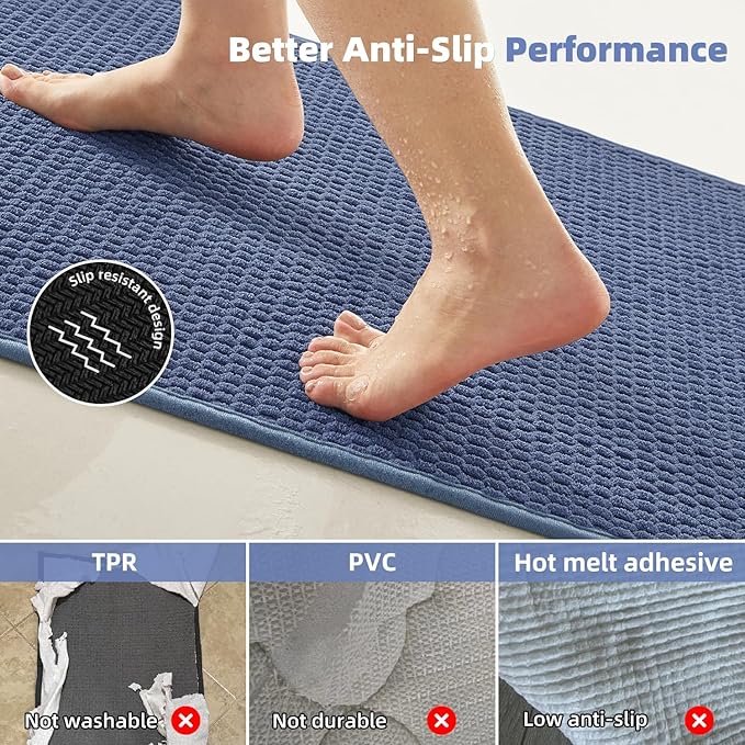 Bathroom Runner Rugs, Long Bath Mat Runner Washable Thin Quick Dry Low Pile Bathroom Runner Rugs Non Slip, Denim Blue 24"x70"