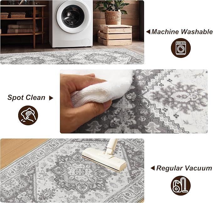 XWZO Washable Hallway Runner Rug 2x8ft — Non-Slip Low Pile Area Rug with Rubber Backing, Spill Resistant Soft Vintage Floor Carpet Runner for Kitchen Entryway Doorway Bedroom Corridor, Grey