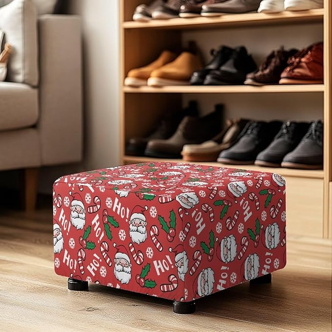 Santa & Candy Cane Christmas Ottoman Cover - Removable, Machine Washable Stretch Slipcover for Rectangular Storage Ottomans, Festive Decor