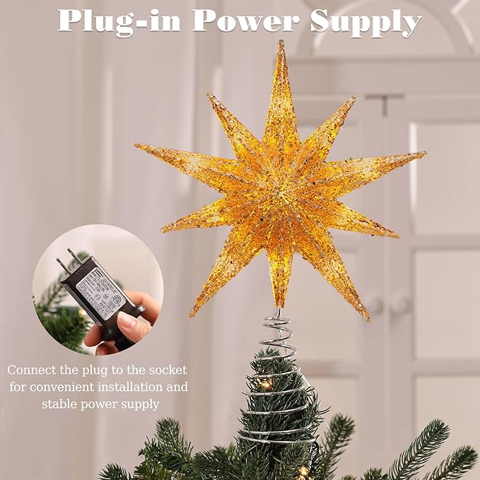 Lewondr Christmas Tree Topper Star, 13 Inch 10-Pointed Light Up Xmas Star Treetop with Plug and Remote Control for Home Christmas Decoration, 6H Timer & 8 Lighting Modes, Warm Light, Gold