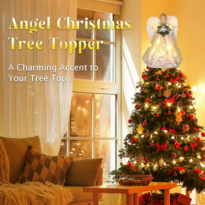 12.5" Angel Christmas Tree Topper with Lights, Lighted Angel Tree Topper with White Feather Wings and Garland, Remote Control, Timer & USB Powered for Indoor Holiday Decoration