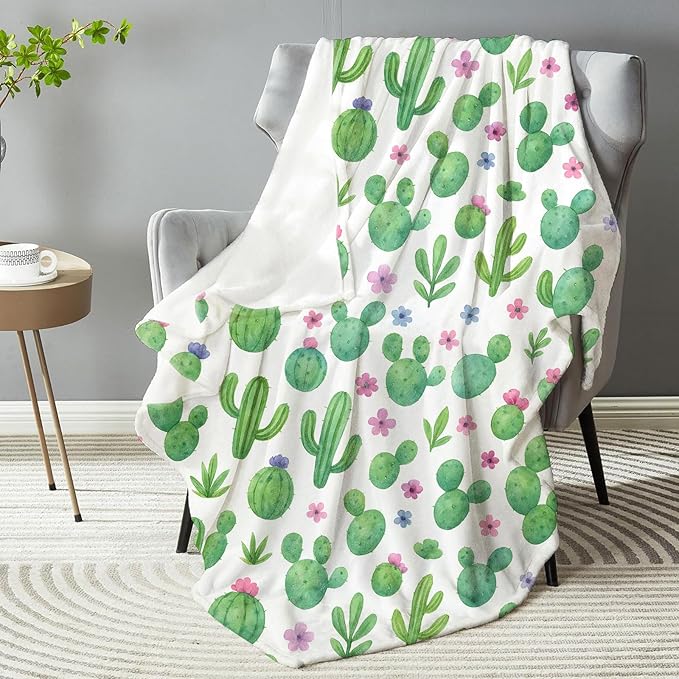 Watercolor Cactus & Flower Blanket - Plush, Soft, Comfy, Lightweight, Warm, Fuzzy, Cozy Flannel Throw Blanket for Couch, Travel, Bed, Office, Outdoor - 60in×80in