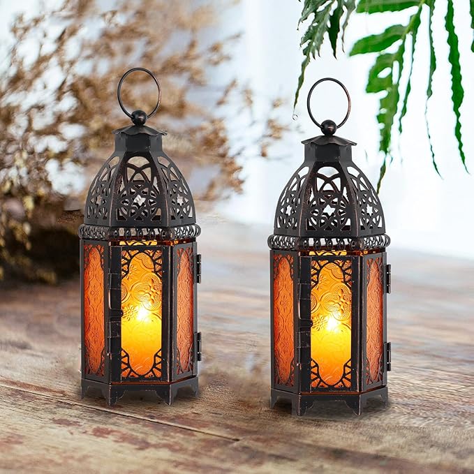 DECORKEY Set of 2 Moroccan Lanterns Decorative Indoor & Outdoor, 11’’ Medium Size Vintage Metal Hanging&Tabletop Candle Holder Decor, Halloween Christmas Ramadan Decorations for Home (Amber)