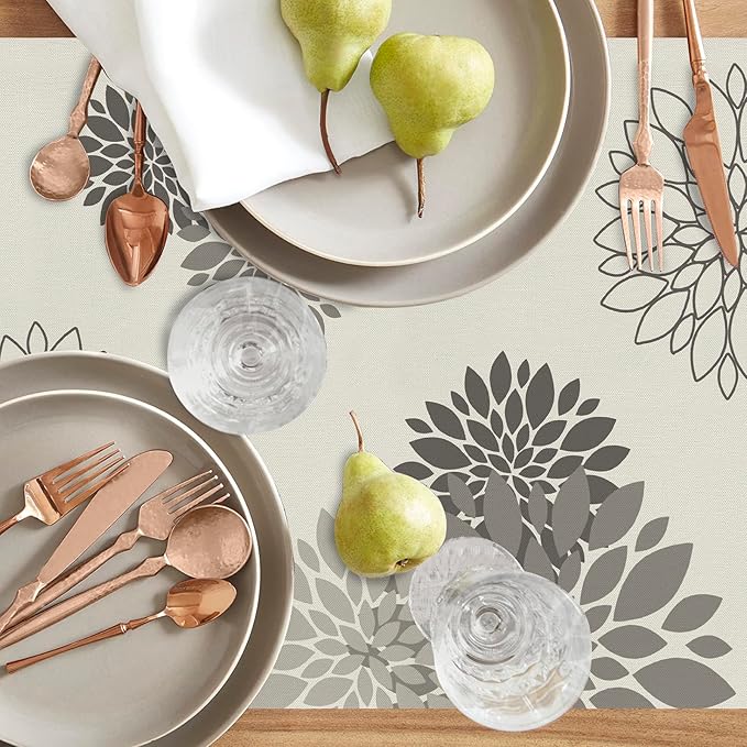 Gray Dahlia Table Runner Modern Elegant Flower Beige Table Runners Geometric Pompon Farmhouse Coffee Table Center Decor for Home Kitchen Dining Party Indoor Outdoor (13x108 Inch)