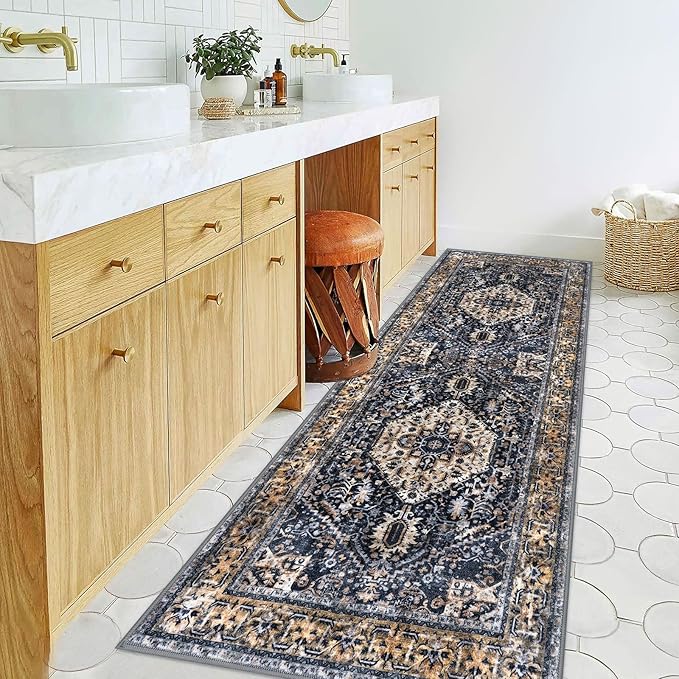 KOZYFLY Runners for Hallways 2.6x8 Ft Washable Kitchen Runner Rug Boho Runner Rug for Entryway Indoor Gold Navy Printed Oriental Faux Wool Floor Carpet Runner for Bedroom Kitchen Hall