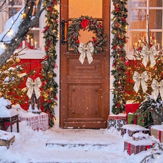 8 Pieces Christmas Wreath Bow, Christmas Bows Champagne Farmhouse Bow New Year Tree Topper Ornament for Home Front Door Decorations