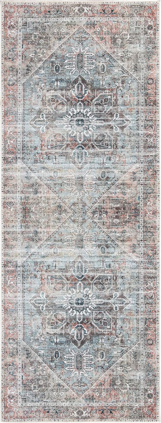 Bloom Rugs Washable Non-Slip 10 ft Runner - Light Pink/Light Blue Traditional Medallion Runner for Entryway, Hallway, Bathroom, and Kitchen - Exact Size: 2.5' x 10'