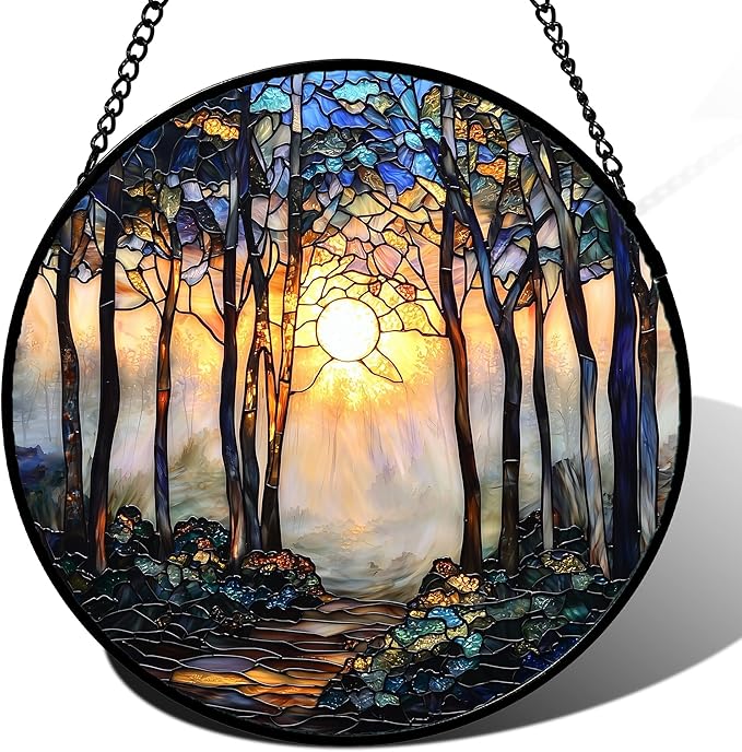 Stained Glass Window Hanging, Forest Sunrise Smoke Blue Brown Tree Suncatcher for Doors Window Home Landscape Sun Catchers Decor Mother's Day Birthday Gifts for Women, Men Mom 7.8 in