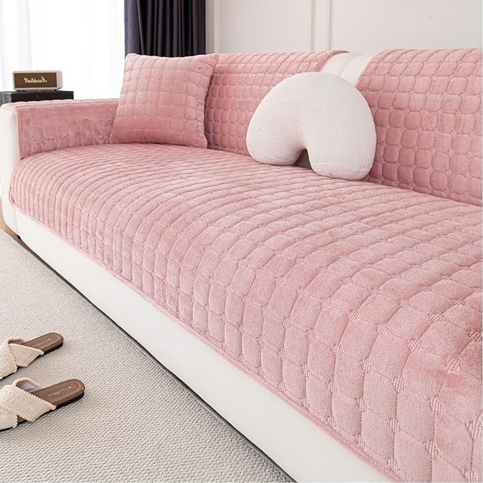Velvet Couch Cover, Washable Sectional Sofa Cover, Anti Slip Sofa Slipcover for 3 Cushion Couch Sofa L Shaped Armrest Backrest, Furniture Protector Covers for Pets Kids(1PC,Pink,36"×36")