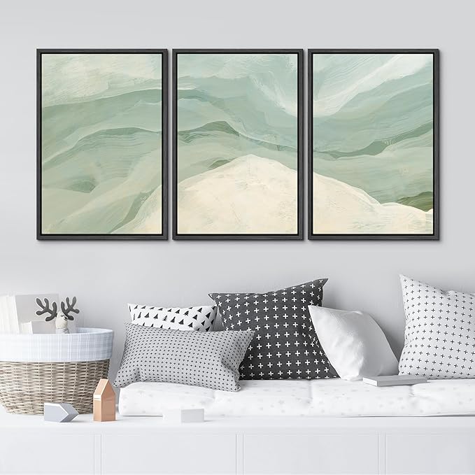 MUDECOR Framed Wall Art Print Set Pastel Waves Blue and White Tones Illustrations Modern Art Boho Decorative Colorful Chic for Living Room, Bedroom, Office - 16"x24"x3 Black