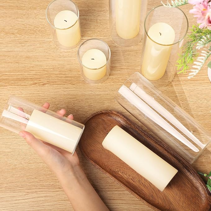 Shihanee Set of 12 Pillar Candles and Glass Cylinder Vases Assorted Sizes Clear Cylinder Holders for Pillar Candles Home Table Centerpieces Wedding Party Decorations (Multiple Sizes,Ivory)