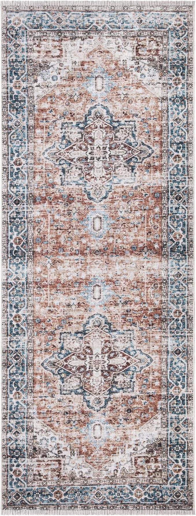 Bloom Rugs Caria Washable Non-Slip 10 ft Runner - Terracotta/Blue Traditional Runner for Entryway, Hallway, Bathroom, and Kitchen - Exact Size: 2'6" x 10'