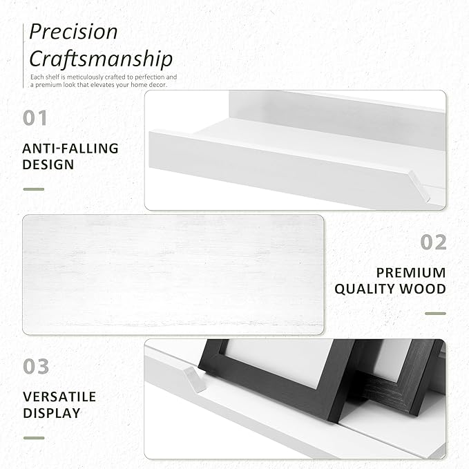 Floating Shelves Wall Mounted Set of 3 - Rustic Paulownia Wood with Anti-Fall Edge, Lightweight Decorative Display Shelf, Easy Install - Farmhouse Decor for Bathroom Bedroom Kitchen (17", White)