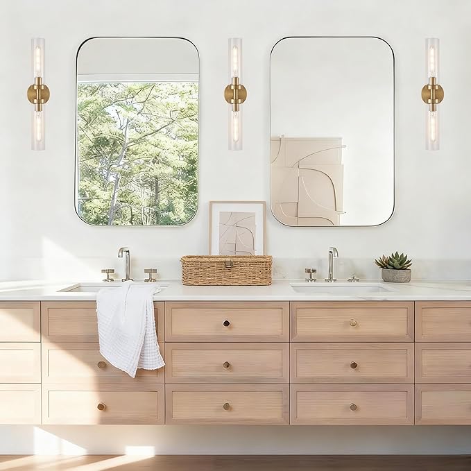 AT-VALY Wall Sconces Set of Two,Vanity Light Fixtures with Clear Glass,Modern Sconces Wall Decor for Bathroom, Living Room Mirror (Brushed Brass)