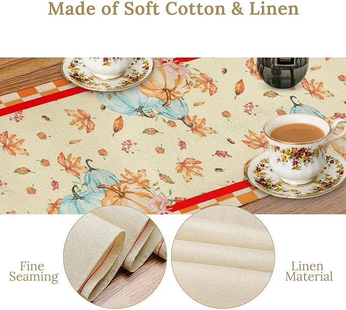 Watercolor Pumpkin Table Runner Fall Flowers Falling Leaves Cross Harvest Season Thanksgiving Rustic Home Decor for Farmhouse Indoor Outdoor Party Holiday Dining Kitchen Restaurant Cafe W13xL72in