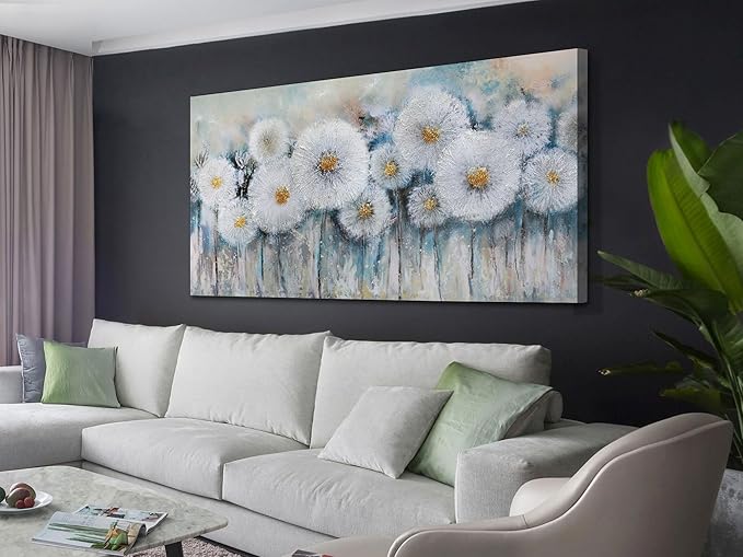 Acocifi Floral Canvas Wall Art for Living Room Dandelion Picture Large Flower Bedroom Painting 60% Handmade Textured, Grey Vintage Artwork Framed for Dining Room Office Home Decor 40"x20"