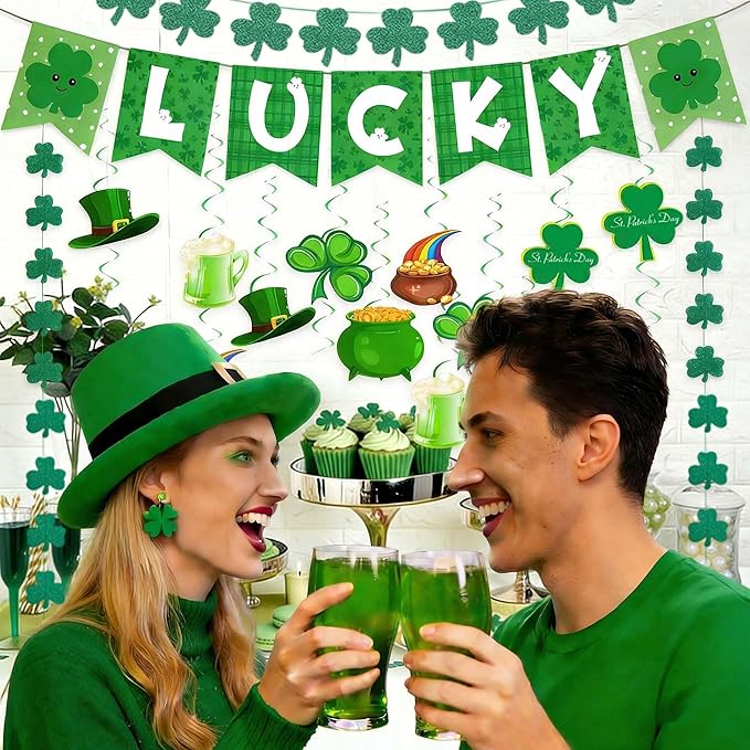 Go Ho St Patricks Day Decorations Kit, Shamrock Garlands, Lucky Banner, Clover Hanging Swirls, Irish Decor for Home Office, Green Saint Patrick's Day Party Supplies Bulletin Board