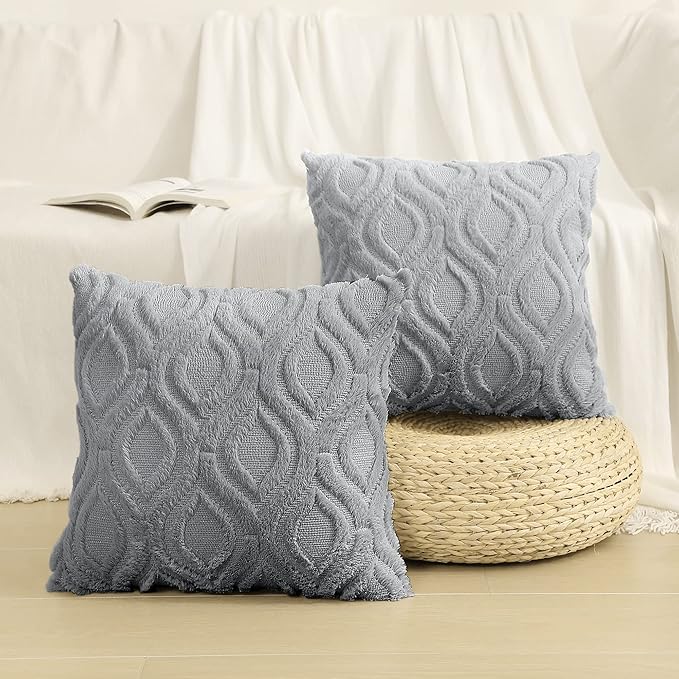 decorUhome Throw Pillow Covers 24x24 Inch Set of 2, Soft Plush Faux Wool Grey Solid Couch Pillow Covers, Accent Farmhouse Neutral Square Pillow Cases for Sofa Bed Living Room