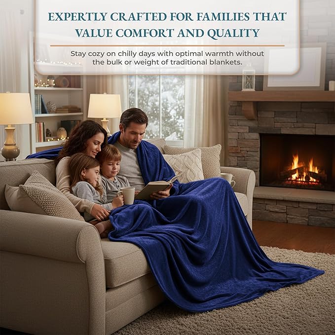 Casa Platino Queen Blanket – Soft Flannel Throw 90x90 – Lightweight and Cozy Fleece Blanket for Bed, Couch or Guest Room – Navy