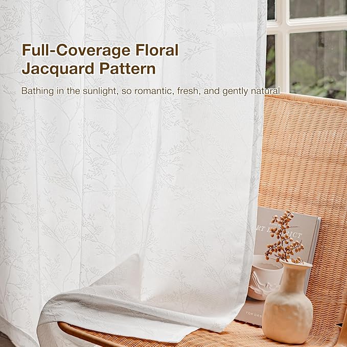 Anmao White Semi Sheer Light Filtering Curtains 63 Inches Long 2 Panels, Branch Pattern Drapes for Living Room Bedroom, Rod Pocket Sheer Window Treatments with Floral Design, 52x63 Inch