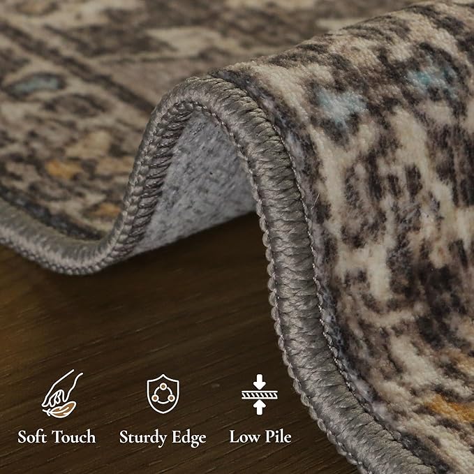 GENIMO 6x9 Area Rugs for Living Room, Machine Washable Low Pile Rugs, Chenille Non Alip Vintage Rug for Bedroom, Dining Room, Home Office, Charcoal Tan