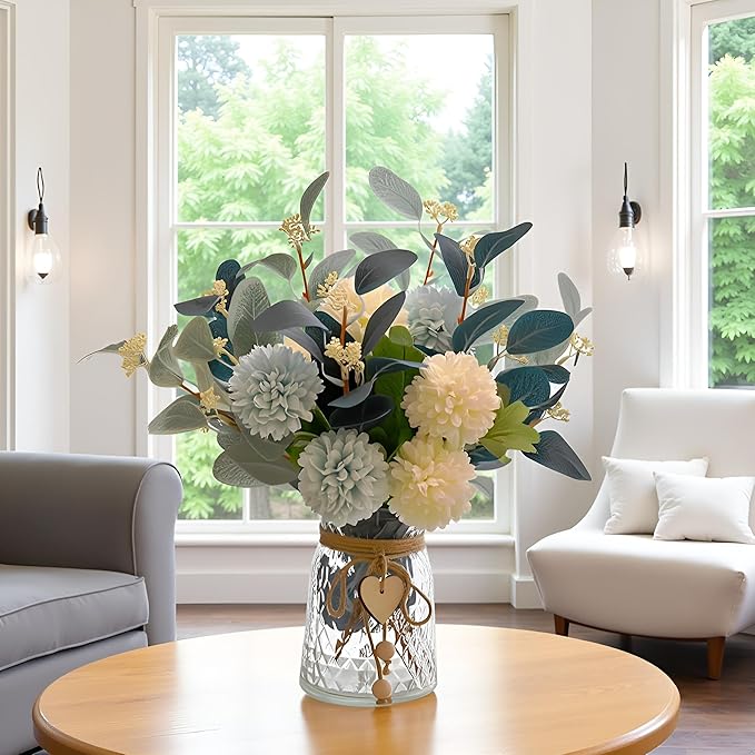 Artificial Flowers with Vase, Faux Flower Arrangement with Eucalyptus Leaves, Silk Hydrangea Table Centerpiece for Home Office Kitchen, Dining Room & Coffee Table Decor