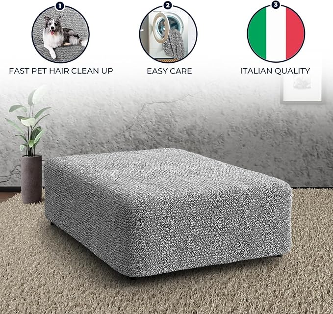 PAULATO BY GA.I.CO. Big Ottoman Cover Stool Cover Pouf Slipcover - Soft Polyester Fabric Slipcover - 1-Piece Form Fit Stretch Furniture Protector - Microfibra Collection - Ash (Ottoman)