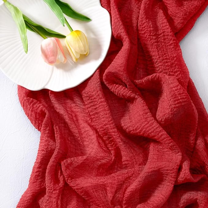 Socomi Red Cheesecloth Table Runner Valentine's Day Gauze 120 Inch Rustic Boho Cheese Cloth Runner for Wedding Party Baby Bridal Shower Centerpiece Decoration Holiday Home Decorations