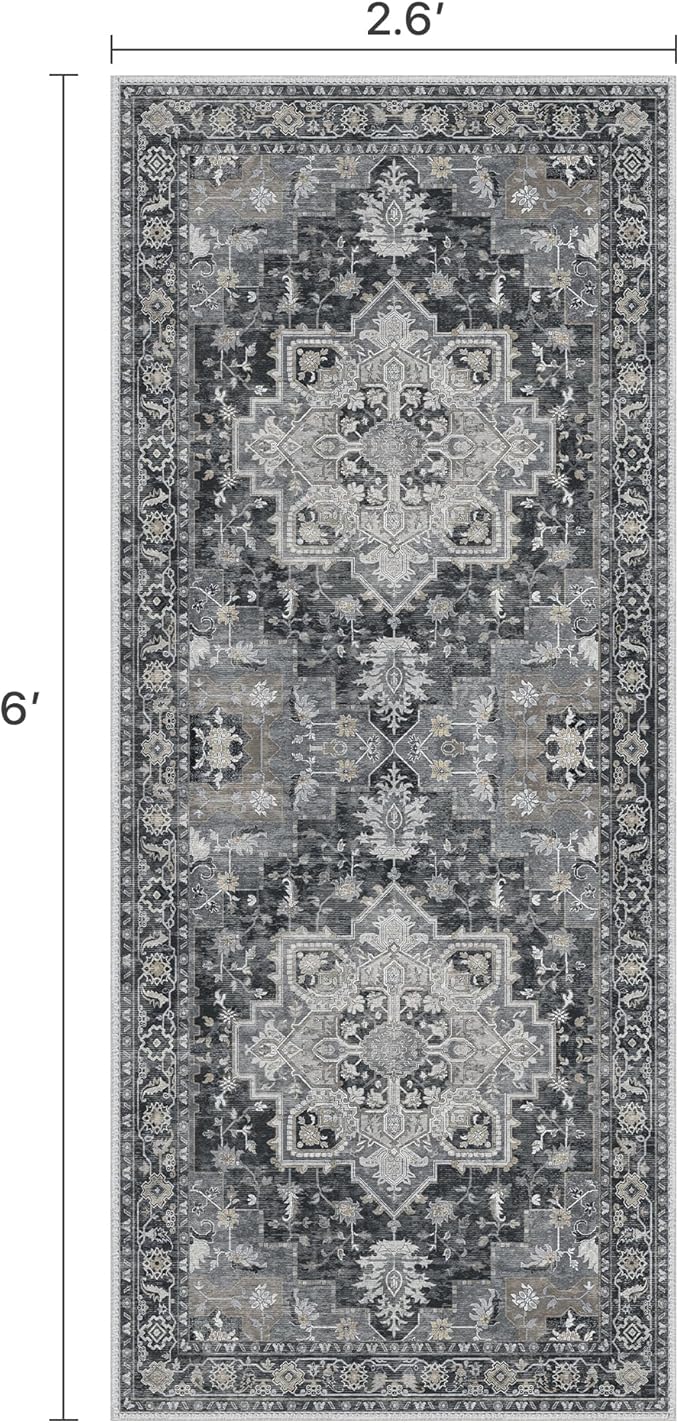 Runner Rug 2'6''x6, Machine Washable Runners, Non Slip Vintage Hallway Runner Rugs, Low Pile Lightweight Mat for Entryway, Hallway, Kitchen and Corridor, Dark Gray