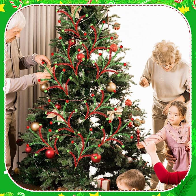 Norme 12 Pcs Red and Green Sparkle Christmas Tree Picks and Spray Christmas Tree Topper Decoration 13.8 Inch Artificial Glitter Curly Pick Stem Branches with Ball for Xmas Vase Filler Wreath Craft