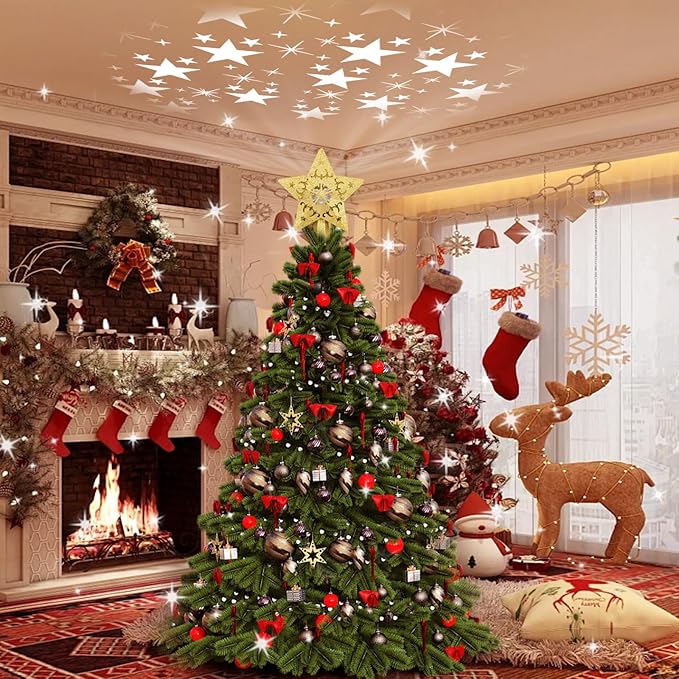 Christmas Star Tree Topper with Rotating LED Projector Lights, 3D Gold Glitter 5-Point Star, Plug-in Tree Top Ornament for Indoor Christmas Tree Decorations Holiday Decor