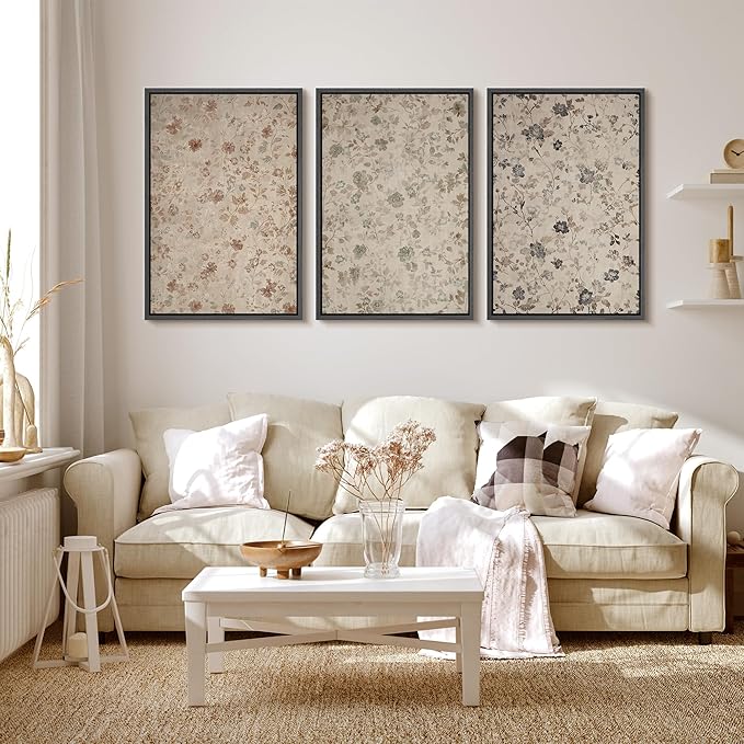 MUDECOR Framed Wall Art Print Set Vintage Floral Botanical in Neutral Tones Illustrations Realism Decorative for Living Room, Bedroom, Office - 16"x24"x3 Black