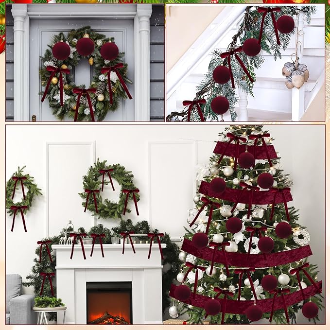 Syhood 46 Pcs Velvet Christmas Ornaments 3.15 Inch Large Christmas Balls Flocked Bows Velvet Ribbon Burgundy Xmas Tree Ornaments Decorations for Xmas Holiday Decor