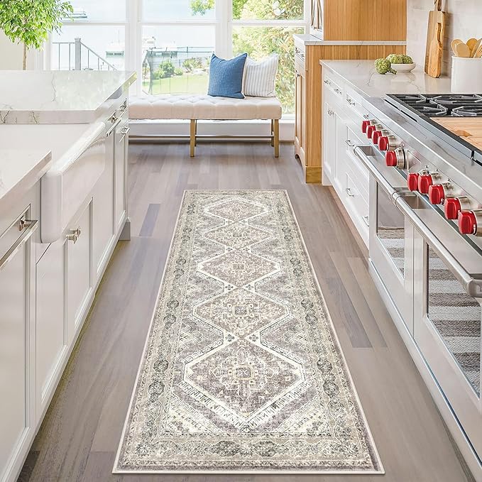 KUTA Oriental Washable Runner Rug, 2x6 Non-Slip Vintage Ivory Grey Yellow Brown Hallway Kitchen Runners Ultra Soft Printed Distressed Tribal Floor Carpet Rugs for Laundry Bedroom Living Room