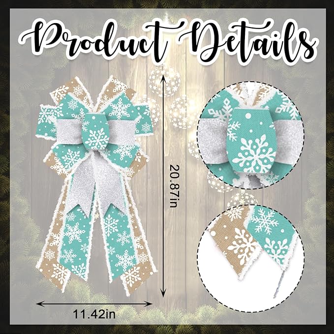 Hying Large Christmas Bows for Wreath, Christmas Wreath Bow Blue Natural Burlap Bow Xmas Snowflake Tree Bows Ornaments for Front Door New Year Christmas Party Decoration Supplies