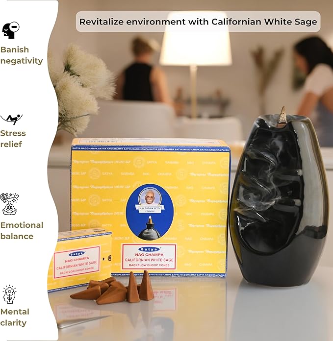 Californian White Sage Backflow Incense Cones for Waterfall Aromatic Smoke Fountain Haze Falls and Mat Bundle - Pack of 12