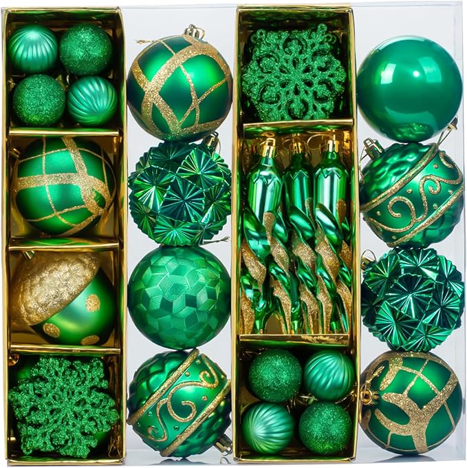 Fuovt 62pcs Christmas Balls Ornaments Set - 3.15" Big Christmas Balls - Shatterproof Plastic Decorative Baubles for Xmas Tree Decor Holiday, Wedding, Party Decoration (Green)