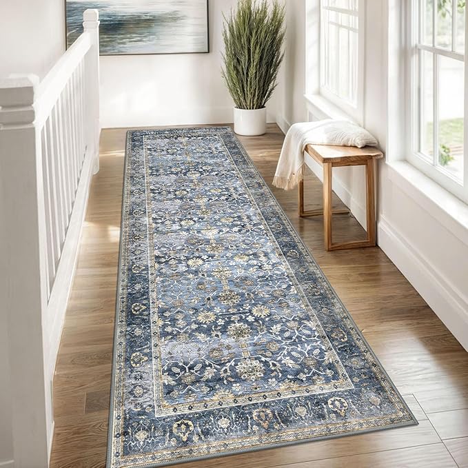 KUTA Vintage Wide Runners for Hallways 3x8 ft Blue Grey Beige Washable Kitchen Runner Non Slip Rubber Backed Hall Runners Entryway Runner Rugs Floor Carpet for Indoor Backdoor Bedroom Kitchen